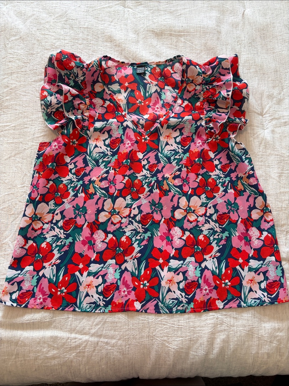 Vibrant Floral Ruffle Sleeve Tank - Pink & Red